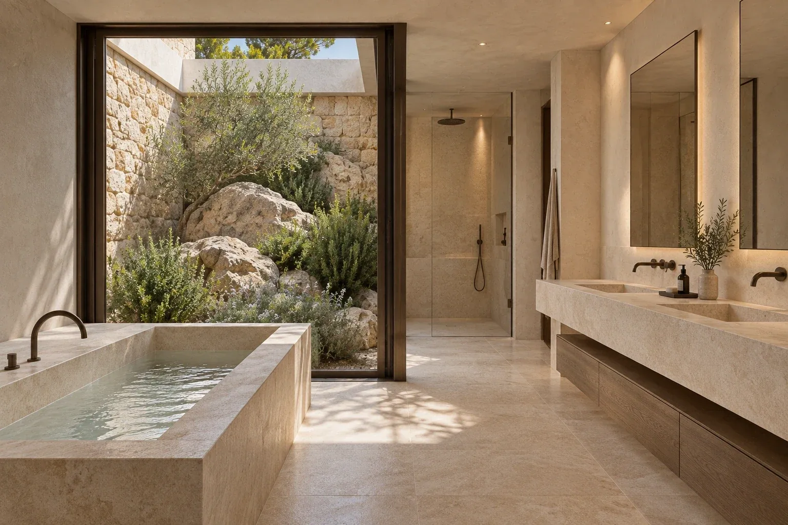 Primary bathroom — Casa Cava, AI-assisted conceptual visualization