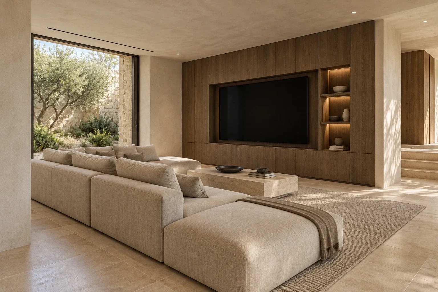 Family / media lounge — Casa Cava, AI-assisted conceptual visualization