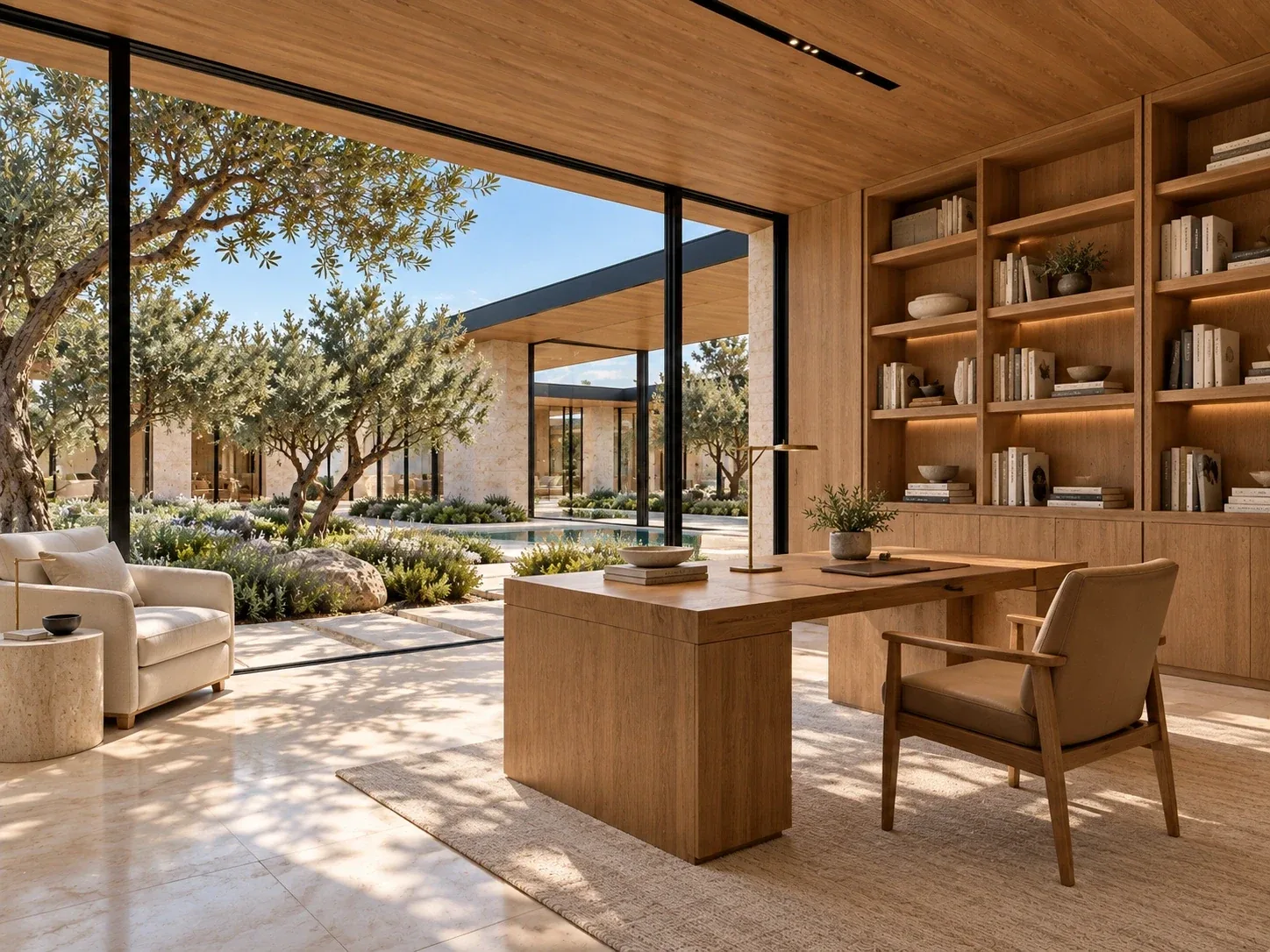 Study / library — Casa Levante, AI-assisted conceptual visualization