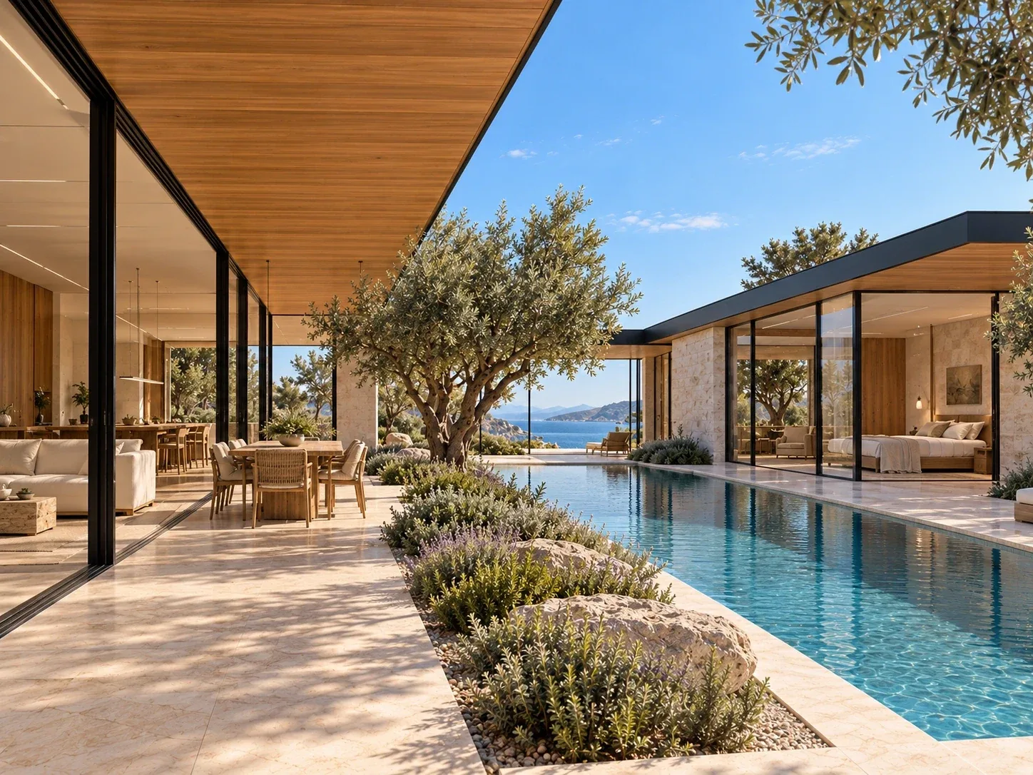 Pool terrace / dining — Casa Levante, AI-assisted conceptual visualization