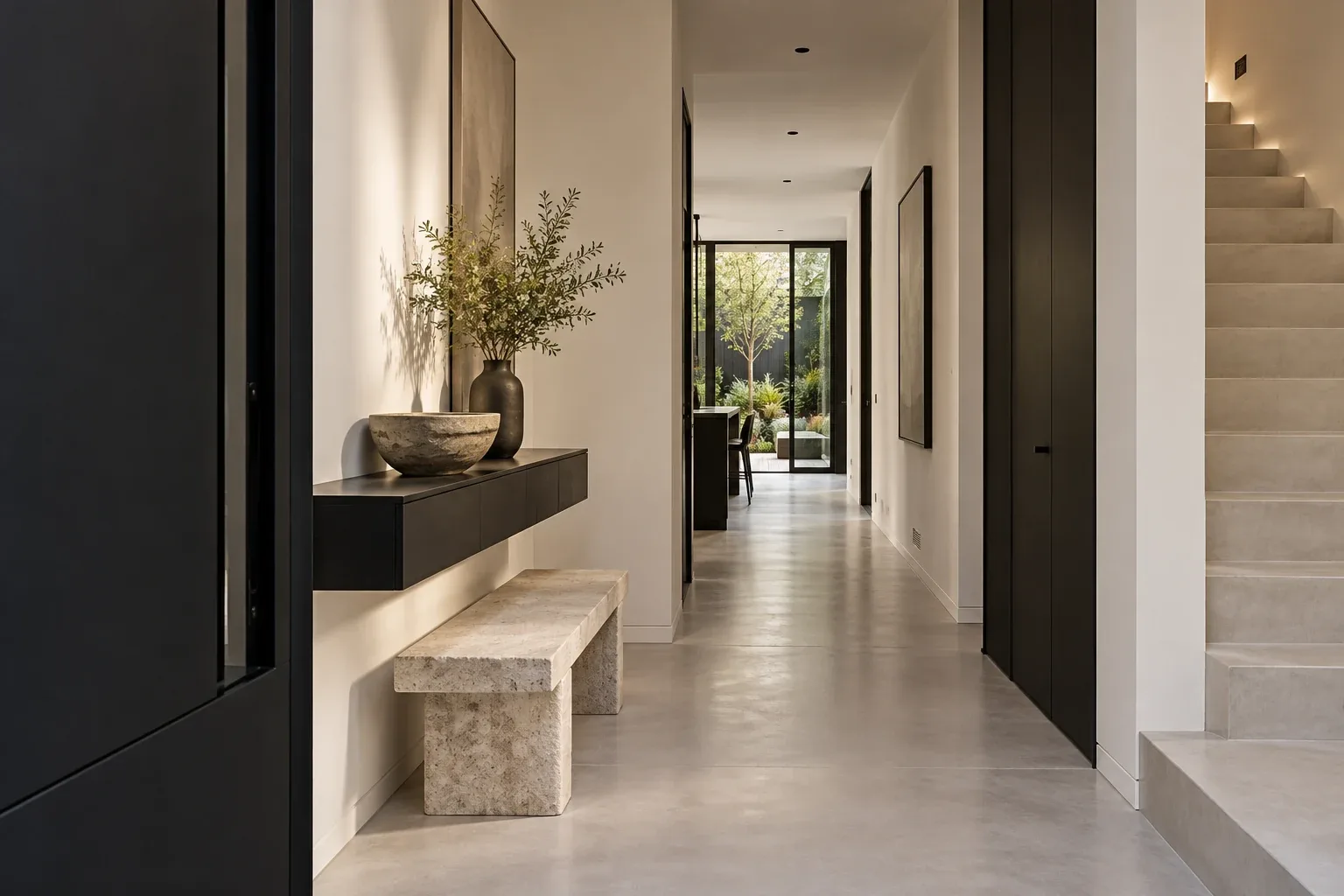 A quiet arrival in white plaster and black stone — MAISON NOIRE conceptual visualization
