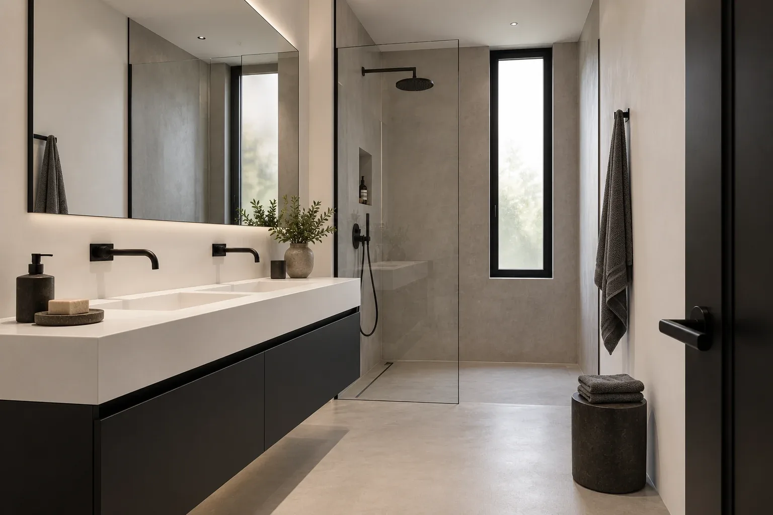 A quiet guest shower room — MAISON NOIRE conceptual visualization