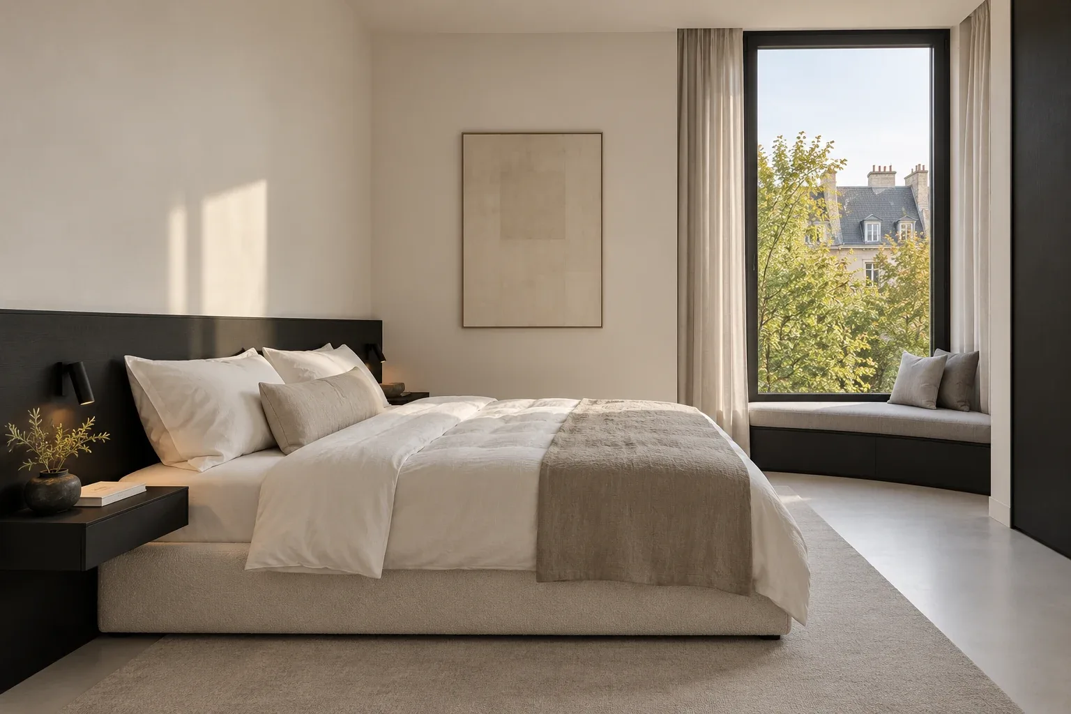 A guest room with a window-side reading seat — MAISON NOIRE conceptual visualization