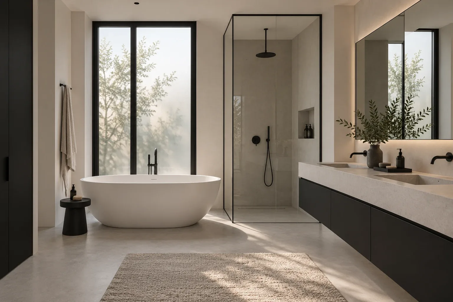 A sculptural bath and generous walk-in shower — MAISON NOIRE conceptual visualization