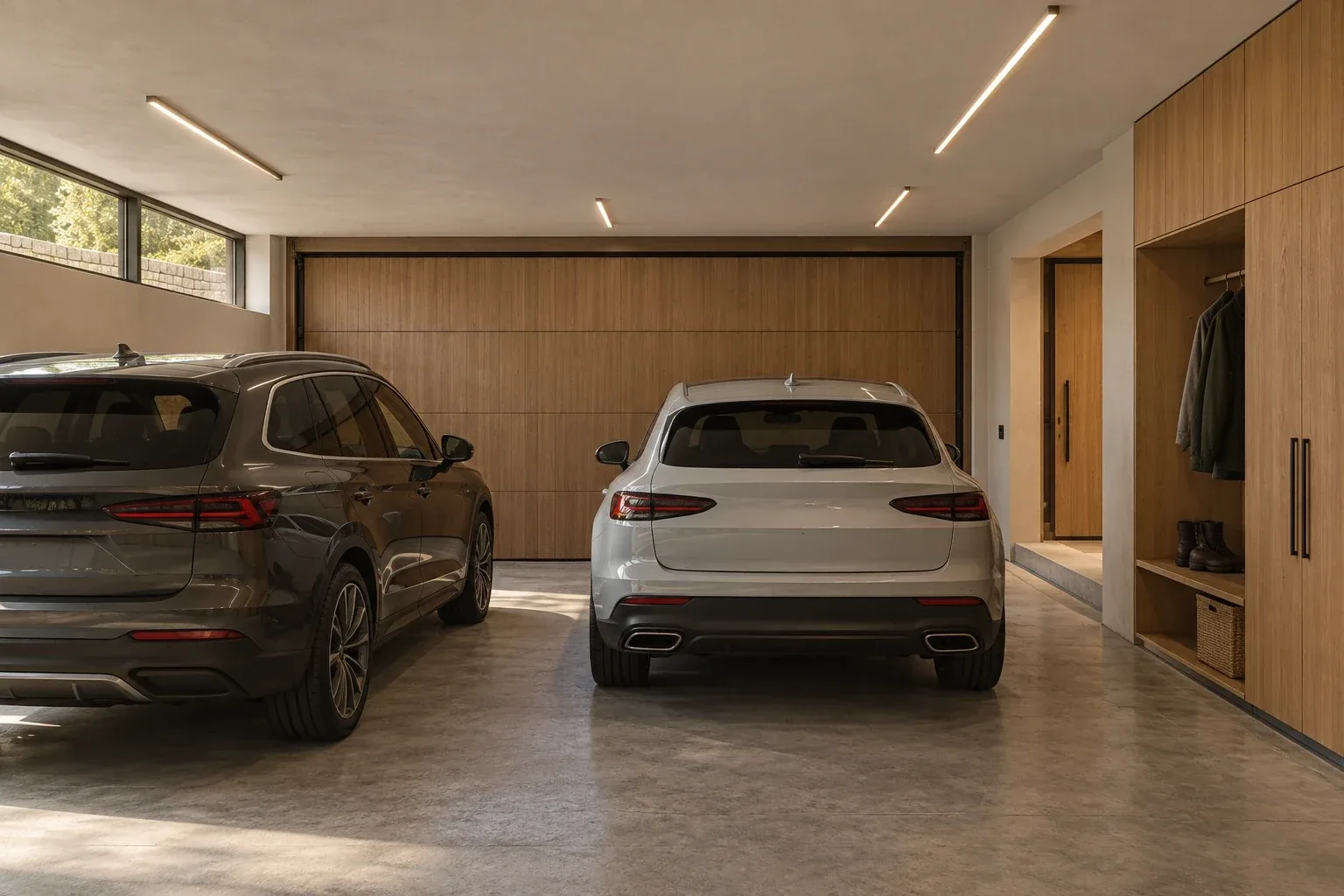 Two-car garage at upper road level — RIVE HAUTE conceptual visualization